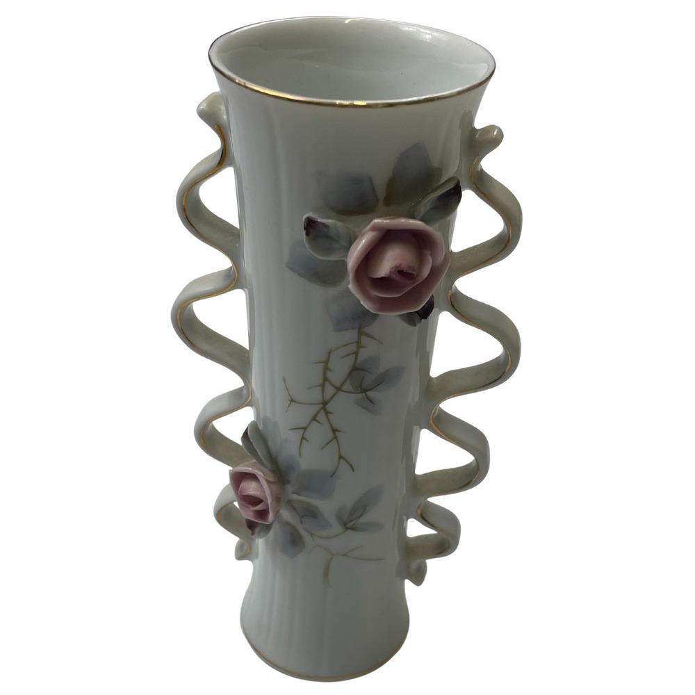 Vintage Ucagco Porcelain Vase Hand Painted Roses Ribbon Handles Mfd. Japan 1950s